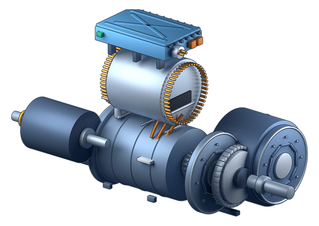 Exploded e-axle drive unit with motor, gearbox and inverter