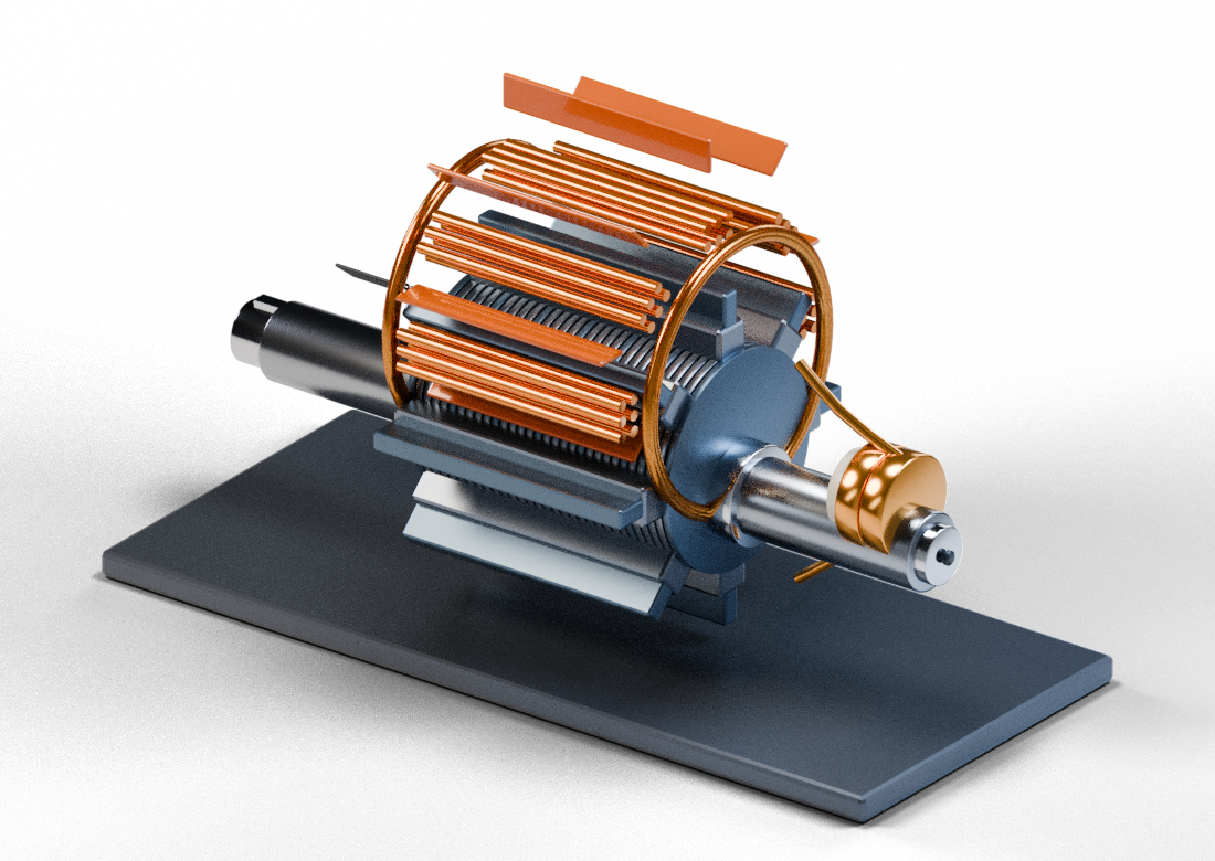 Copper-wound rotor on a machined steel fixture
